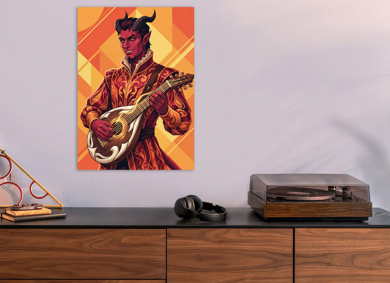 Tiefling Bard Playing a Lute — metal poster wall art by Lineer